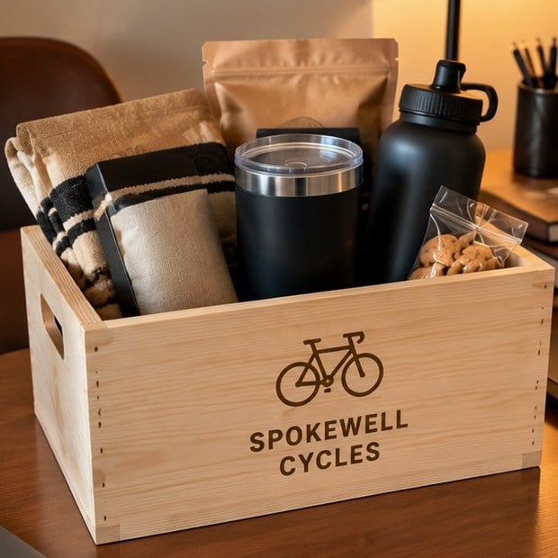Customer photo of a custom wooden crate gift set