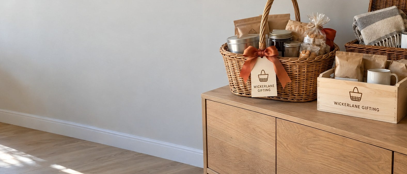 Custom corporate gift baskets, a wooden crate and a picnic hamper on an oak sideboard
